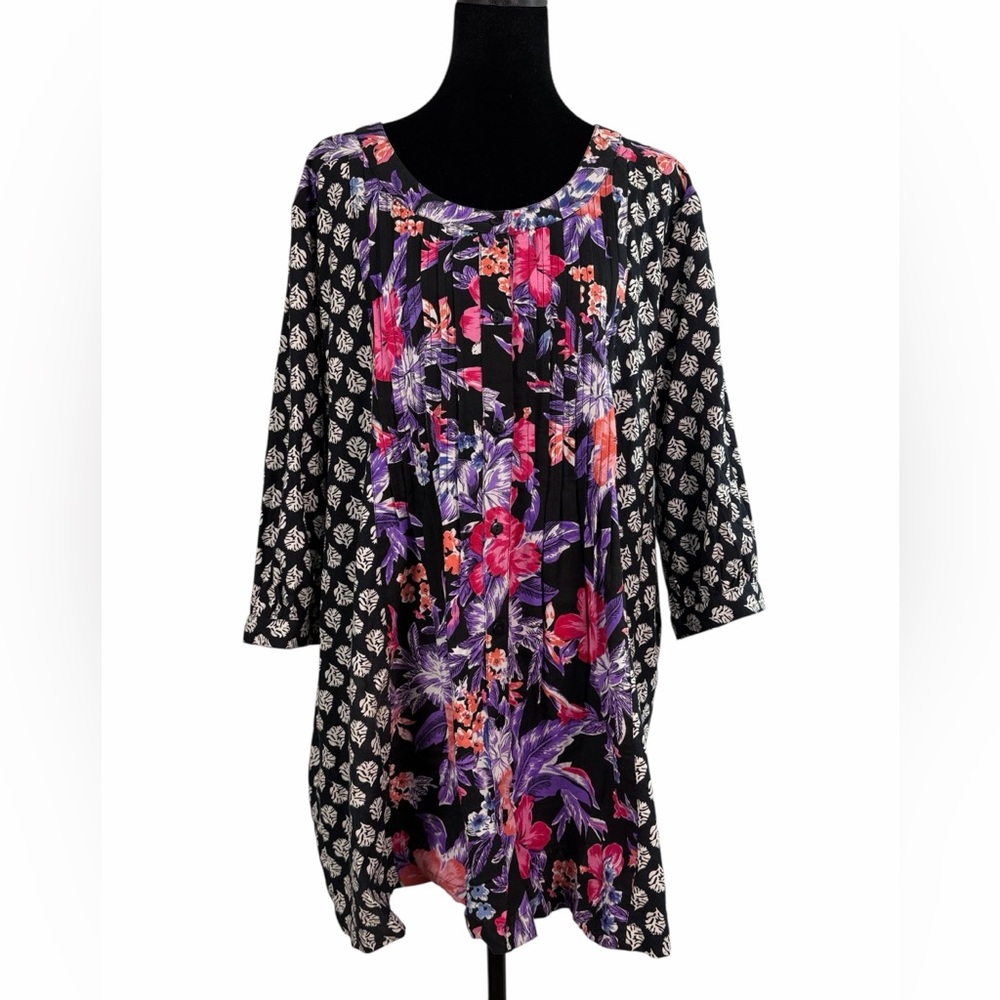 Ulla Popken Black Blouse with Purple & Pink Floral Panels Boho Tunic Top Size L
